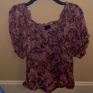 Ella Moss Short Sleeve Sheer Silk Beige and Plum Abstract Tribal Floral Size S